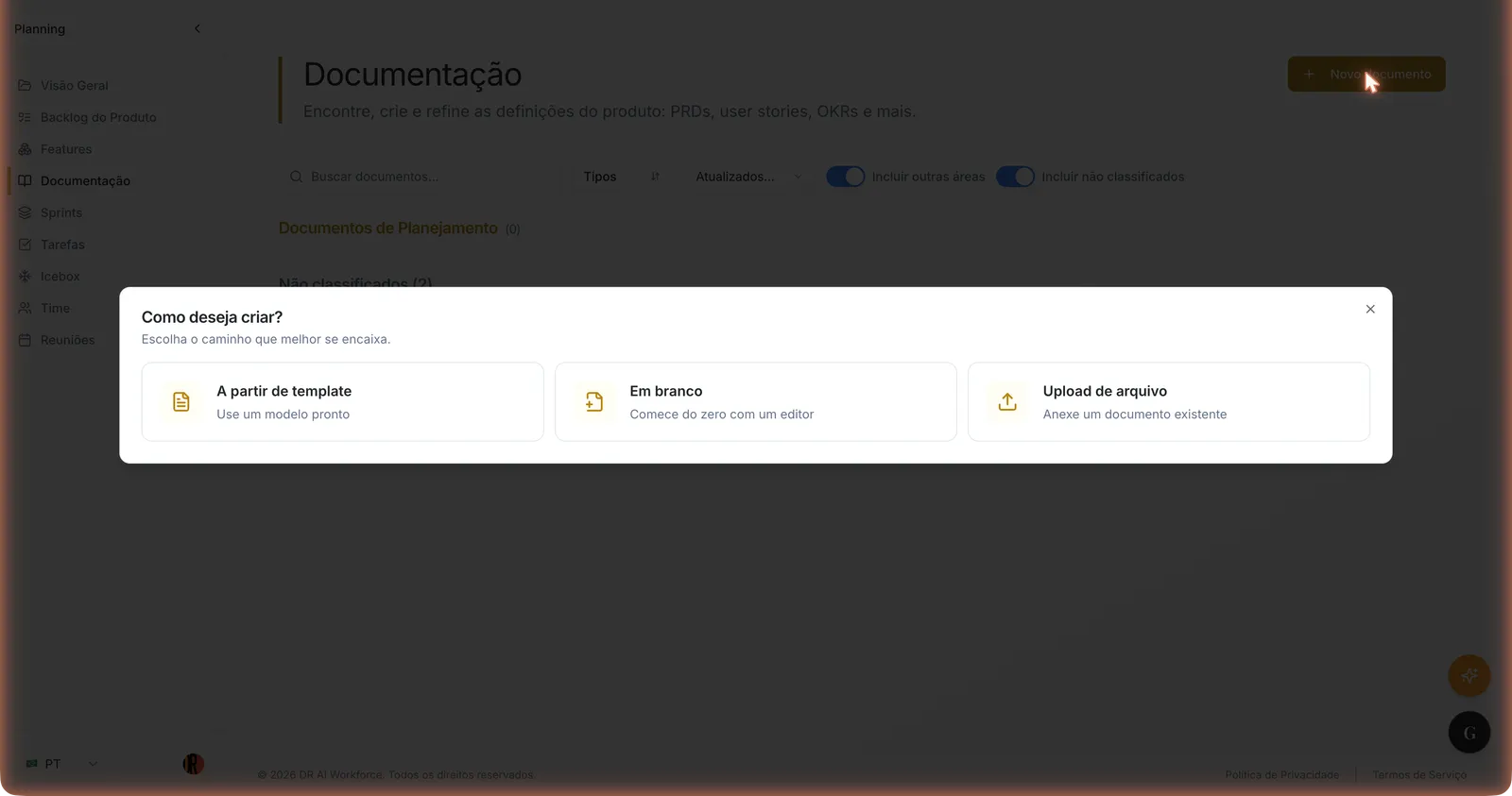 Modal Como deseja criar? da Documentação com as opções A partir de template, Em branco e Upload de arquivo