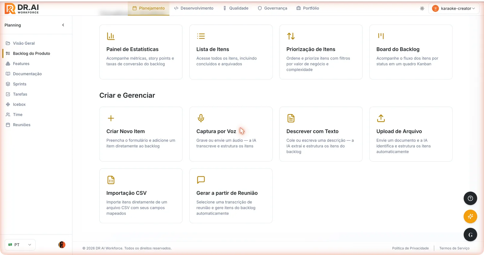 Hub do Backlog do Produto com o grupo Criar e Gerenciar: Criar Novo Item, Captura por Voz, Descrever com Texto, Upload de Arquivo, Importação CSV e Gerar a partir de Reunião