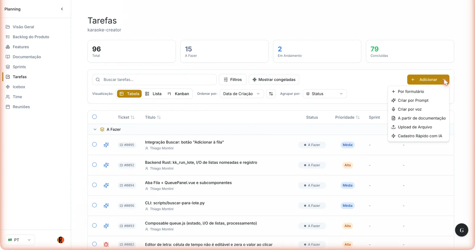 Tela de Tarefas com o menu Adicionar aberto mostrando as opções Por formulário, Criar por Prompt, Criar por voz, A partir de documentação, Upload de Arquivo e Cadastro Rápido com IA