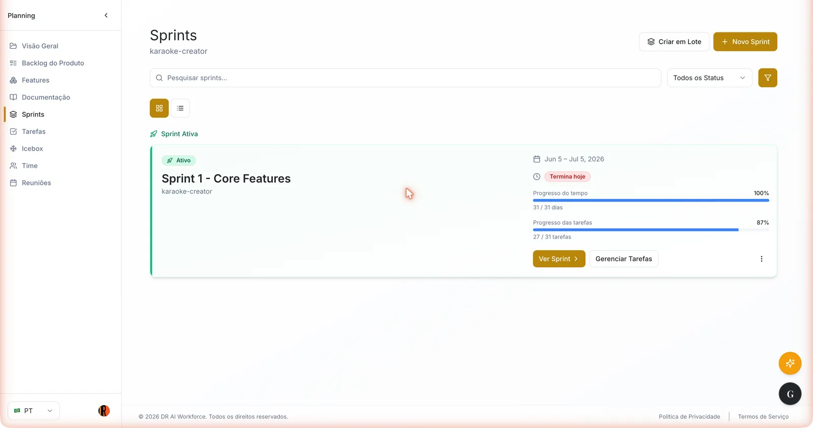Tela de Sprints com os botões Criar em Lote e Novo Sprint e o card da Sprint Ativa com barras de Progresso do tempo e Progresso das tarefas